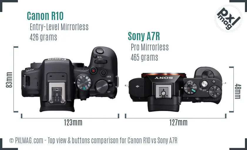 Canon R10 vs Sony A7R top view buttons comparison