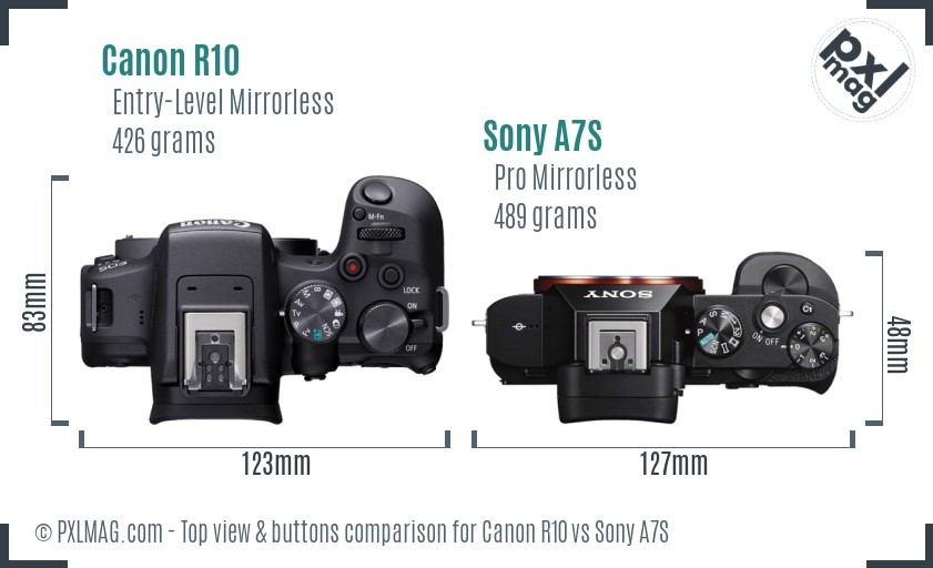 Canon R10 vs Sony A7S top view buttons comparison