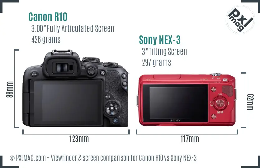 Canon R10 vs Sony NEX-3 Screen and Viewfinder comparison Canon R10 vs Sony NEX-3 Screen and Viewfinder comparison