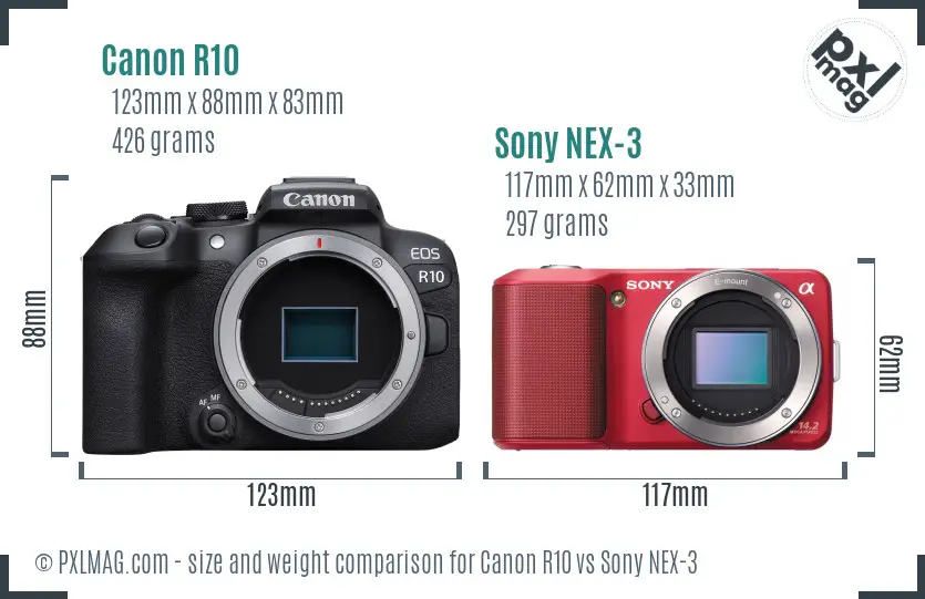 Canon R10 vs Sony NEX-3 size comparison Canon R10 vs Sony NEX-3 size comparison