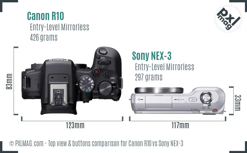 Canon R10 vs Sony NEX-3 top view buttons comparison Canon R10 vs Sony NEX-3 top view buttons comparison