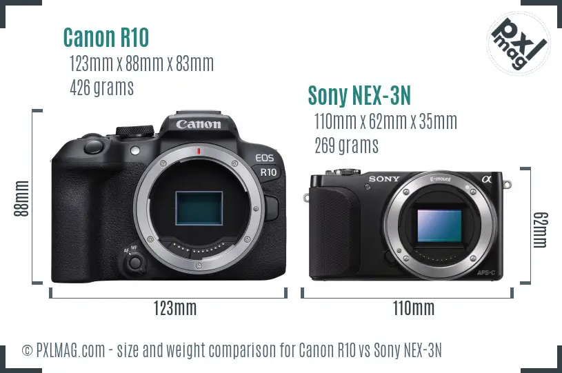 Canon R10 vs Sony NEX-3N size comparison