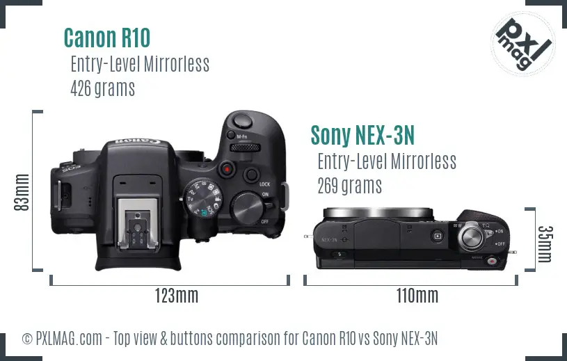 Canon R10 vs Sony NEX-3N top view buttons comparison