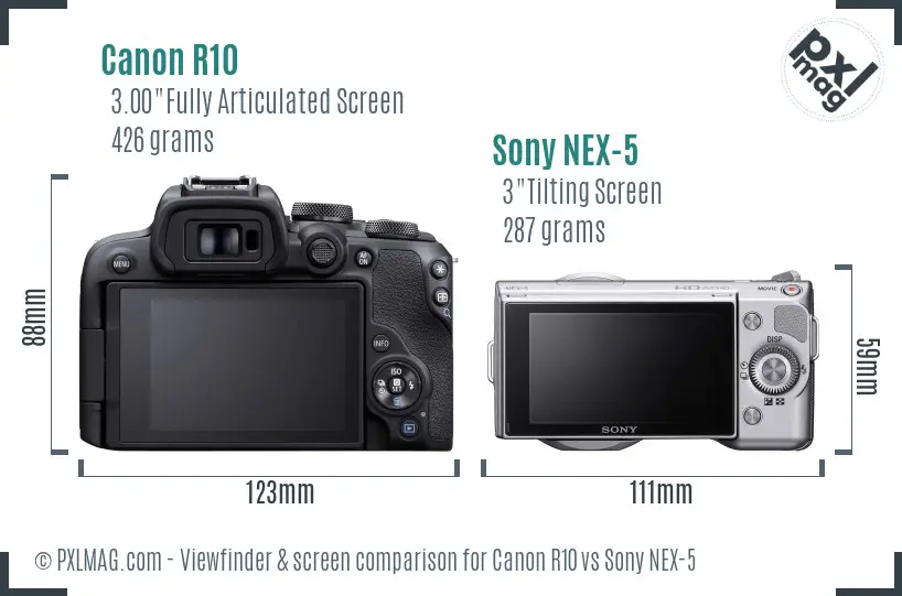 Canon R10 vs Sony NEX-5 Screen and Viewfinder comparison