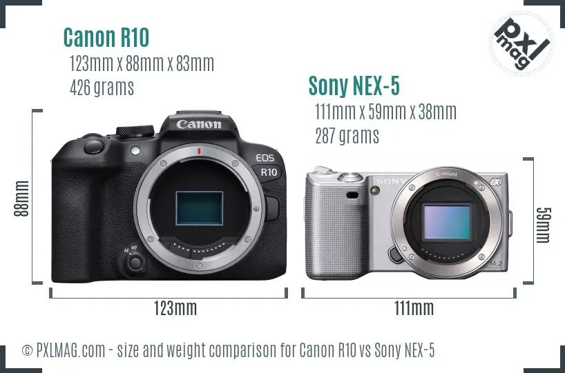 Canon R10 vs Sony NEX-5 size comparison