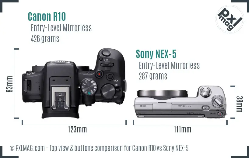 Canon R10 vs Sony NEX-5 top view buttons comparison
