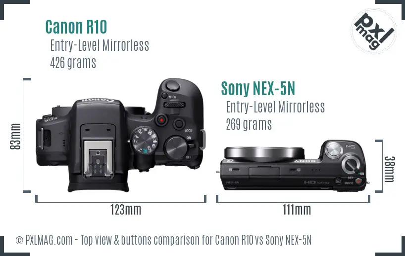 Canon R10 vs Sony NEX-5N top view buttons comparison