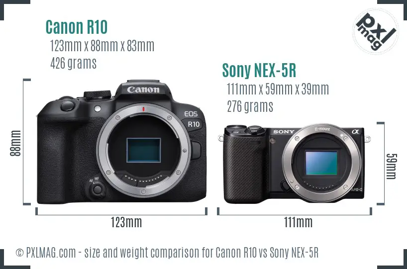Canon R10 vs Sony NEX-5R size comparison