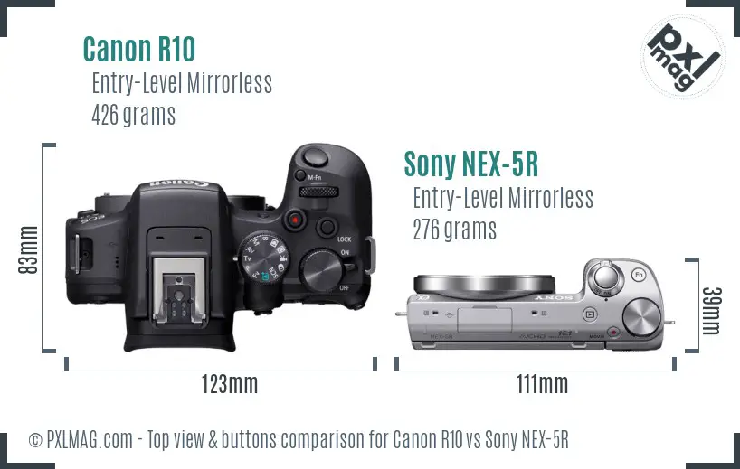 Canon R10 vs Sony NEX-5R top view buttons comparison