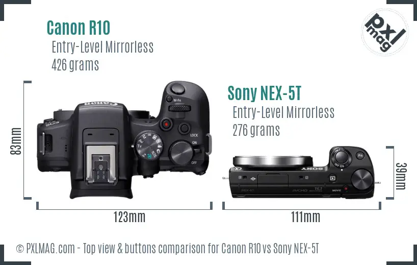 Canon R10 vs Sony NEX-5T top view buttons comparison