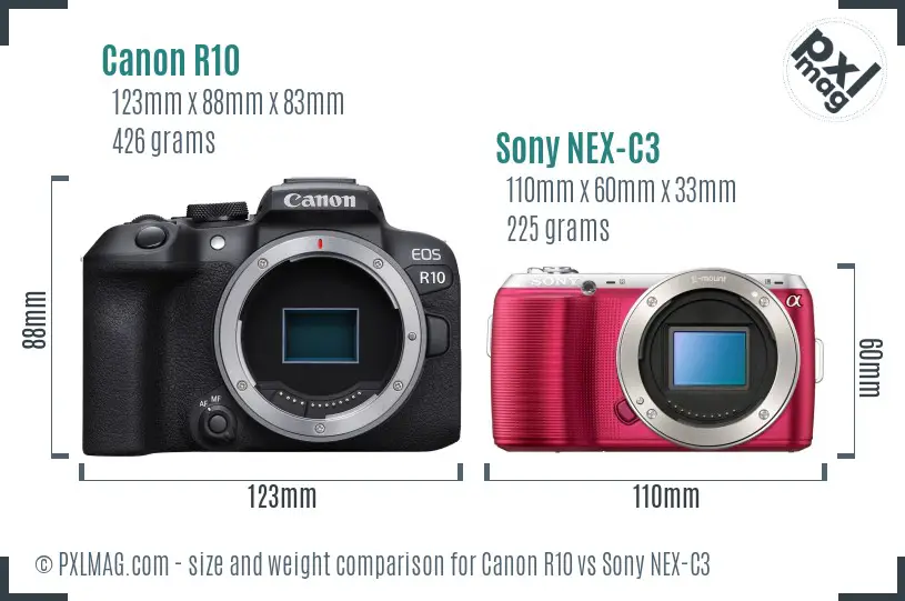 Canon R10 vs Sony NEX-C3 size comparison