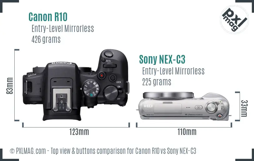 Canon R10 vs Sony NEX-C3 top view buttons comparison