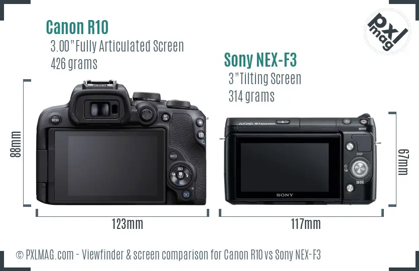 Canon R10 vs Sony NEX-F3 Screen and Viewfinder comparison
