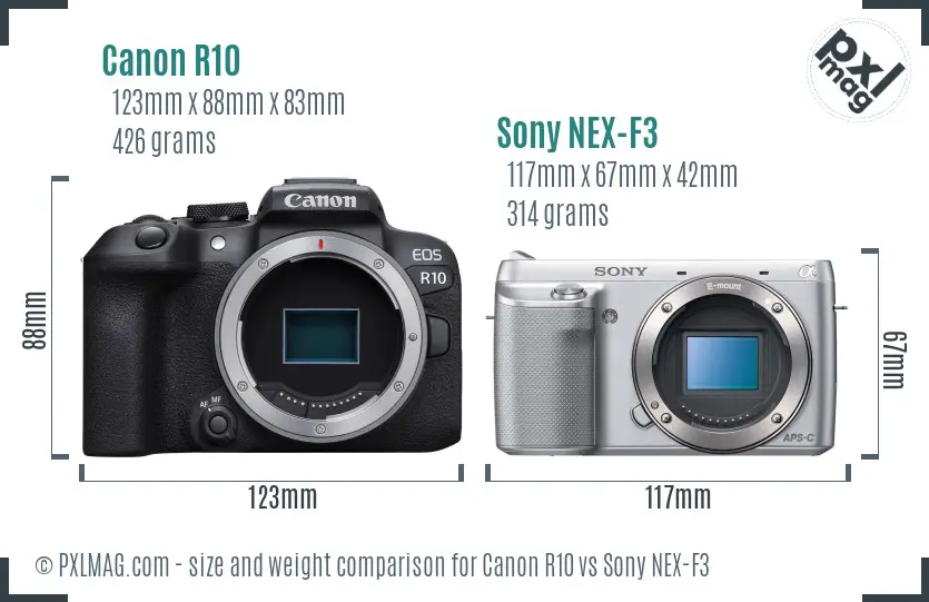 Canon R10 vs Sony NEX-F3 size comparison