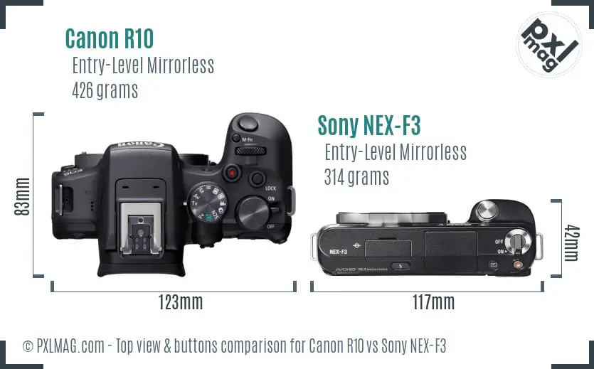 Canon R10 vs Sony NEX-F3 top view buttons comparison