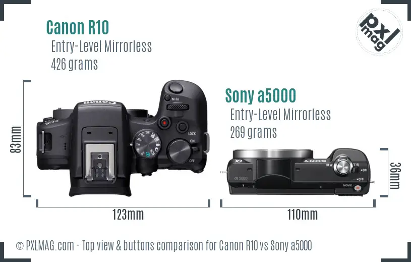 Canon R10 vs Sony a5000 top view buttons comparison