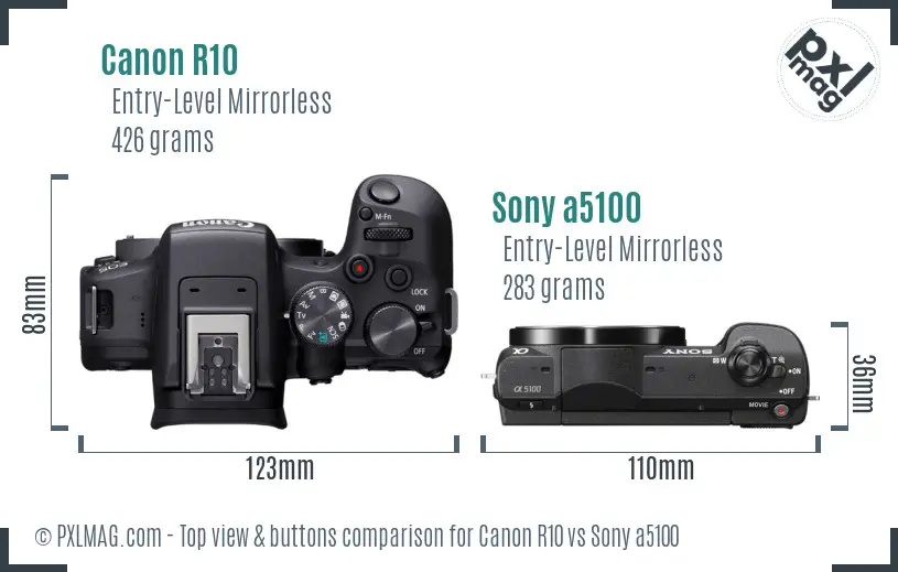 Canon R10 vs Sony a5100 top view buttons comparison