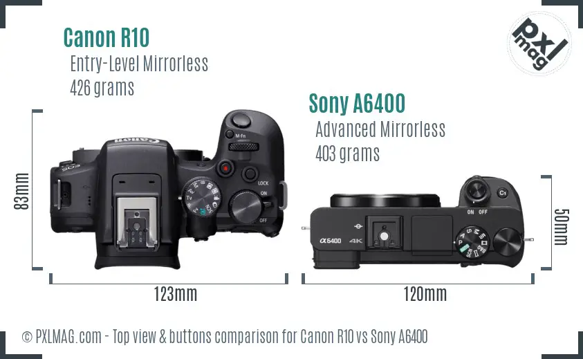 Canon R10 vs Sony A6400 top view buttons comparison