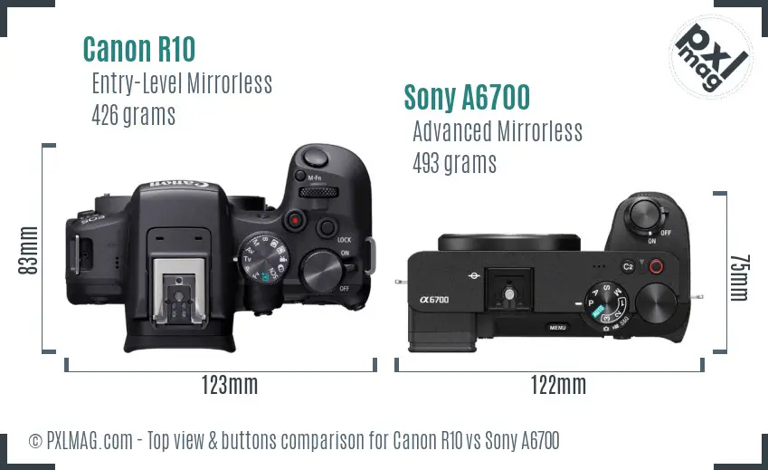 Canon R10 vs Sony A6700 top view buttons comparison Canon R10 vs Sony A6700 top view buttons comparison