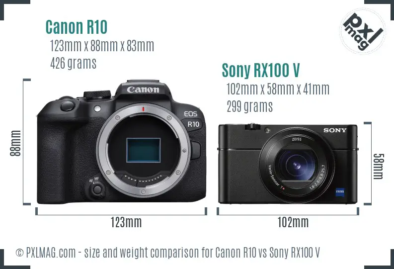 Canon R10 vs Sony RX100 V size comparison Canon R10 vs Sony RX100 V size comparison