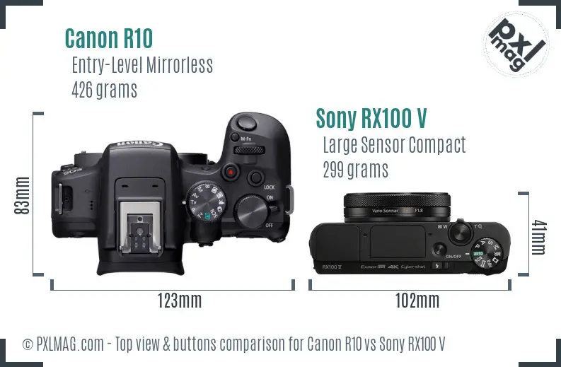 Canon R10 vs Sony RX100 V top view buttons comparison Canon R10 vs Sony RX100 V top view buttons comparison