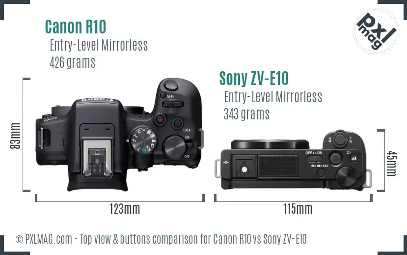 Canon R10 vs Sony ZV-E10 top view buttons comparison