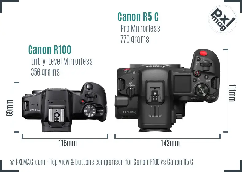 Canon R100 vs Canon R5 C top view buttons comparison