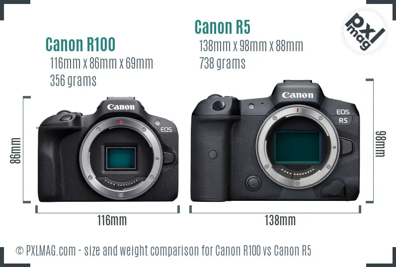 Canon R100 vs Canon R5 size comparison