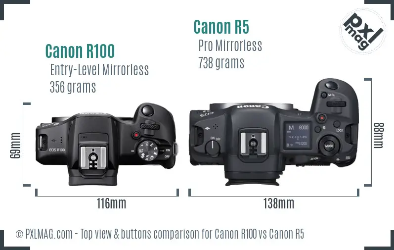 Canon R100 vs Canon R5 top view buttons comparison
