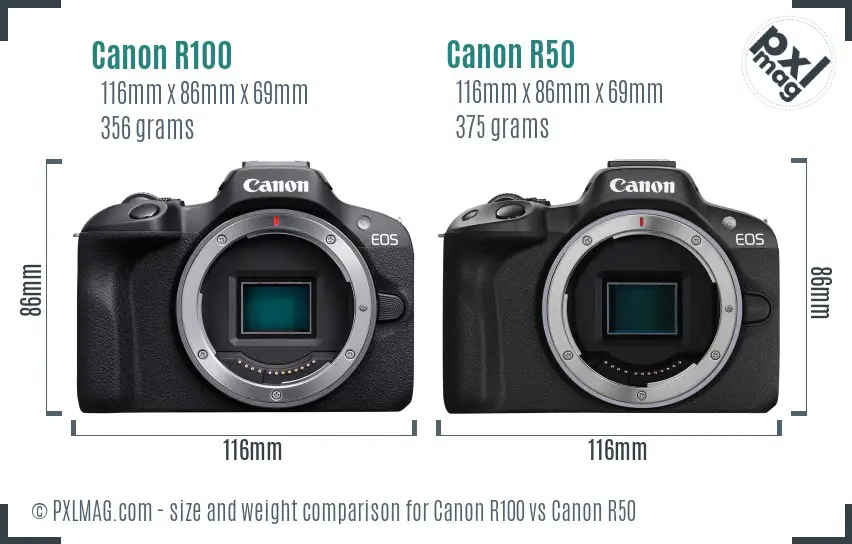 Canon R100 vs Canon R50 size comparison