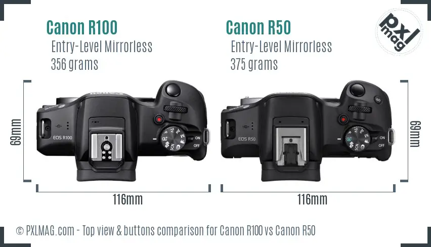 Canon R100 vs Canon R50 top view buttons comparison