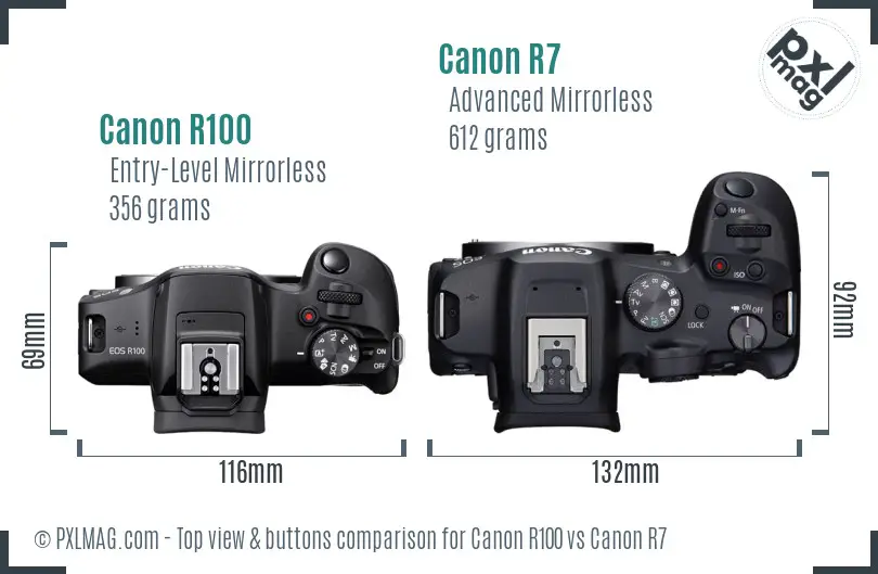 Canon R100 vs Canon R7 top view buttons comparison