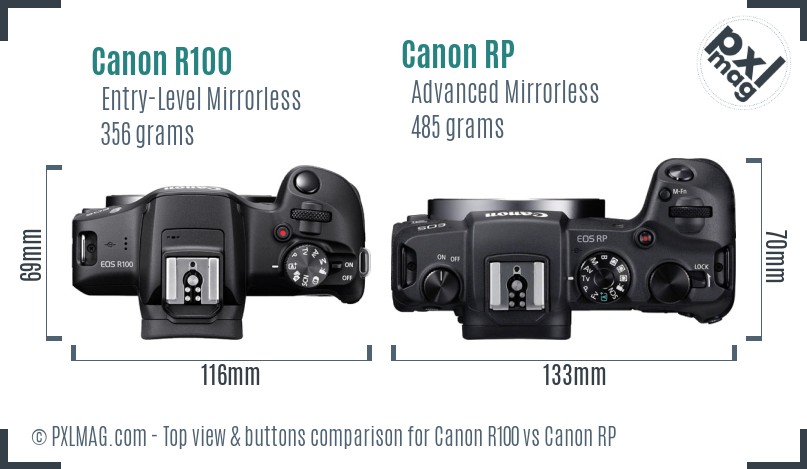 Canon R100 vs Canon RP top view buttons comparison