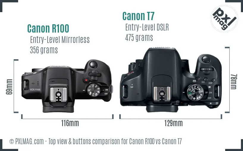 Canon R100 vs Canon T7 top view buttons comparison Canon R100 vs Canon T7 top view buttons comparison