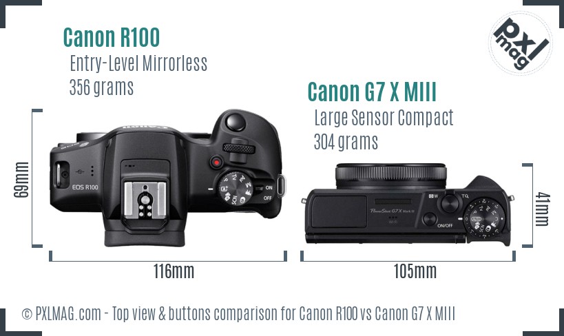 Canon R100 vs Canon G7 X MIII top view buttons comparison