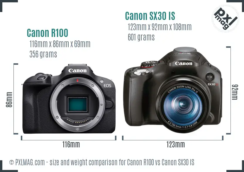 Canon R100 vs Canon SX30 IS size comparison Canon R100 vs Canon SX30 IS size comparison