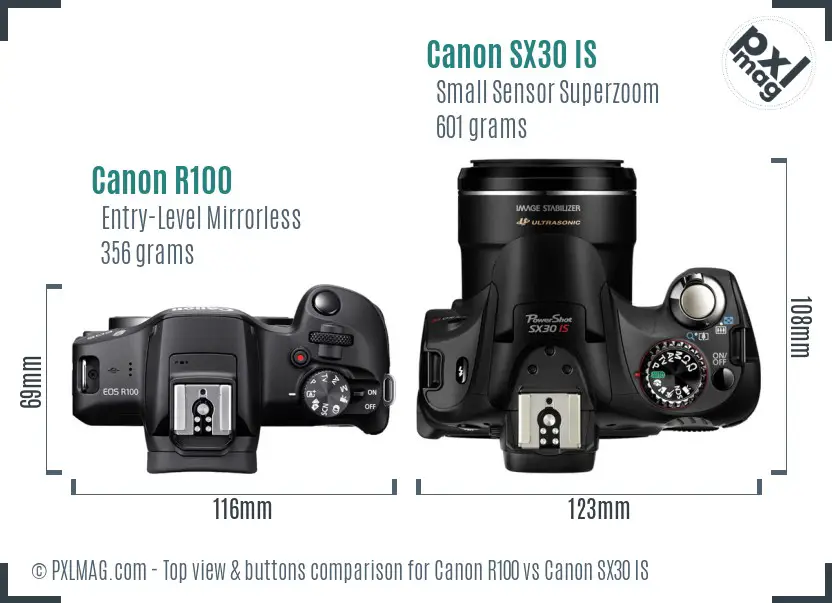 Canon R100 vs Canon SX30 IS top view buttons comparison Canon R100 vs Canon SX30 IS top view buttons comparison