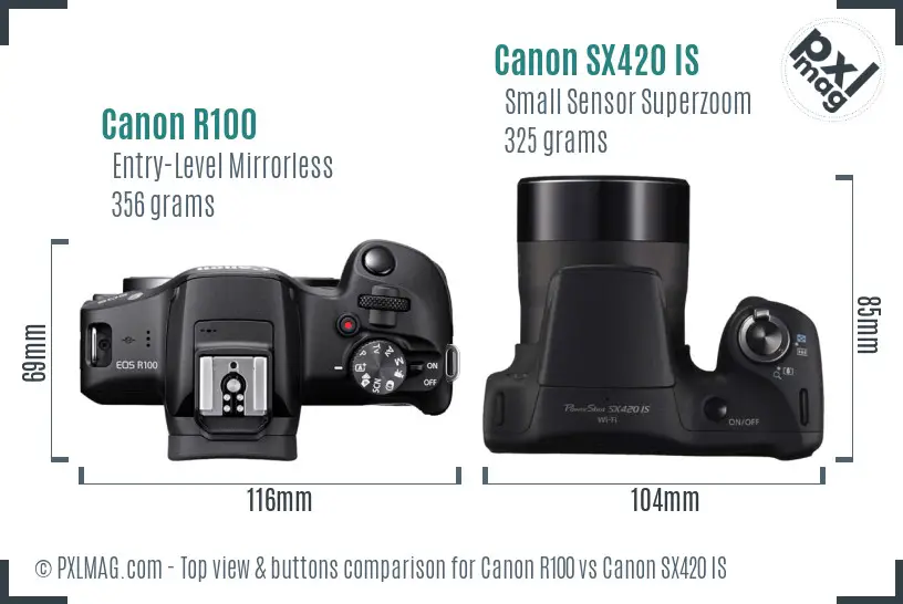 Canon R100 vs Canon SX420 IS top view buttons comparison Canon R100 vs Canon SX420 IS top view buttons comparison