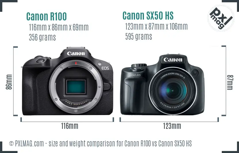 Canon R100 vs Canon SX50 HS size comparison Canon R100 vs Canon SX50 HS size comparison
