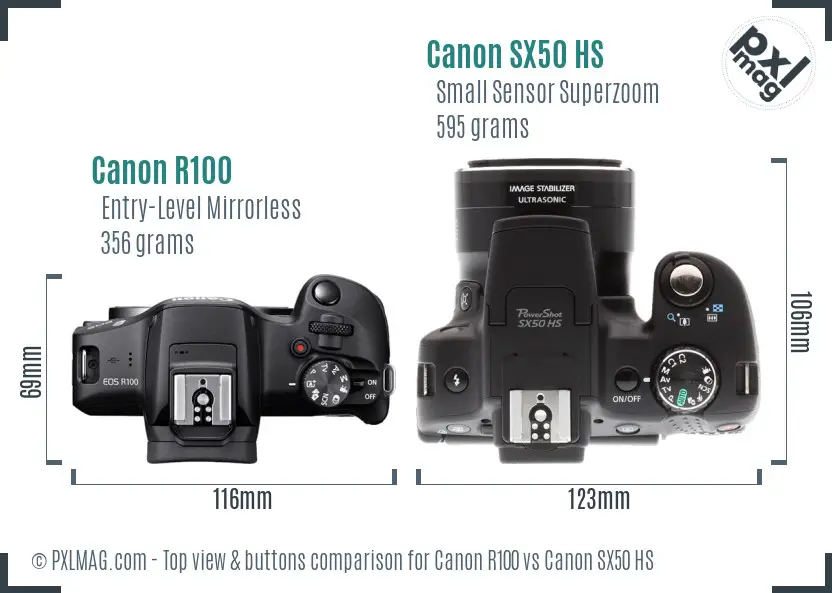 Canon R100 vs Canon SX50 HS top view buttons comparison Canon R100 vs Canon SX50 HS top view buttons comparison