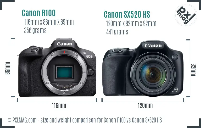 Canon R100 vs Canon SX520 HS size comparison Canon R100 vs Canon SX520 HS size comparison