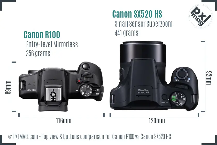 Canon R100 vs Canon SX520 HS top view buttons comparison Canon R100 vs Canon SX520 HS top view buttons comparison