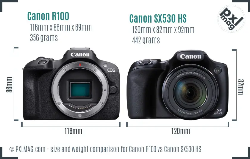 Canon R100 vs Canon SX530 HS size comparison Canon R100 vs Canon SX530 HS size comparison