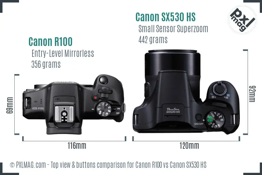 Canon R100 vs Canon SX530 HS top view buttons comparison Canon R100 vs Canon SX530 HS top view buttons comparison