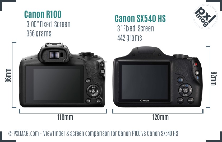 Canon R100 vs Canon SX540 HS Screen and Viewfinder comparison
