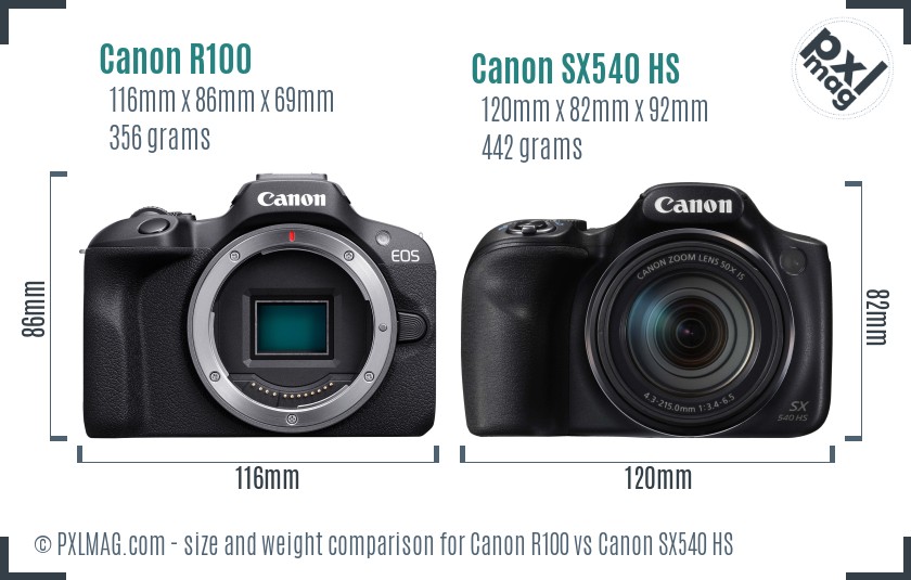 Canon R100 vs Canon SX540 HS size comparison