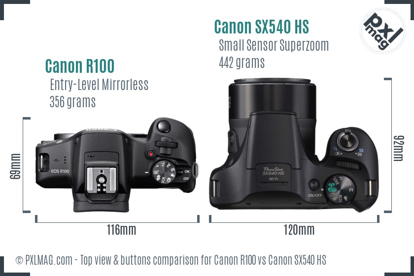 Canon R100 vs Canon SX540 HS top view buttons comparison