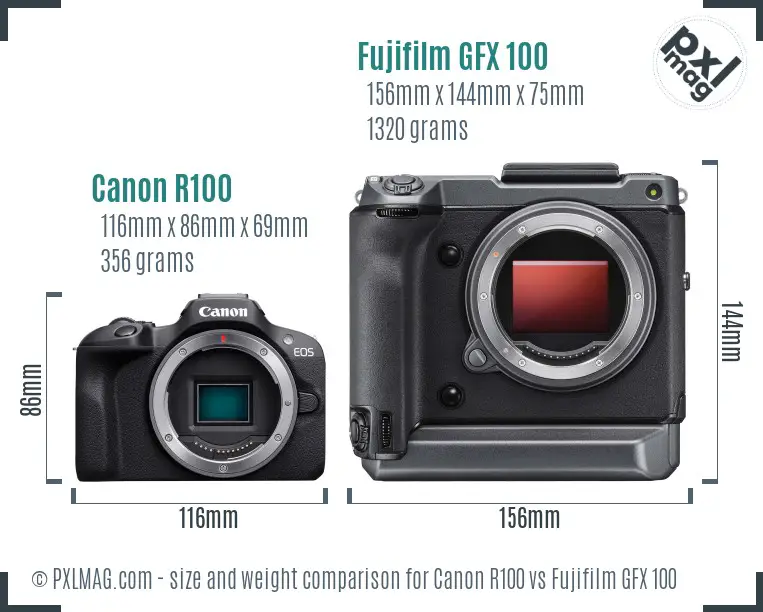 Canon R100 vs Fujifilm GFX 100 size comparison