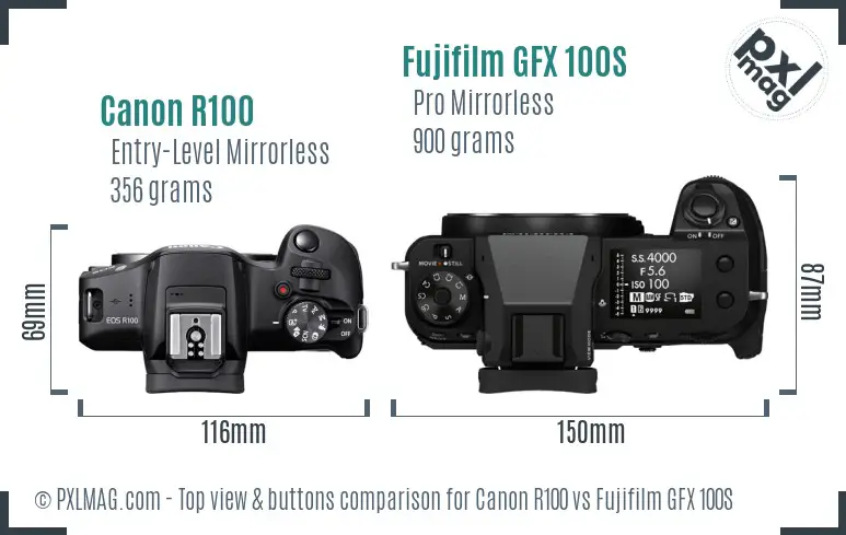 Canon R100 vs Fujifilm GFX 100S top view buttons comparison Canon R100 vs Fujifilm GFX 100S top view buttons comparison