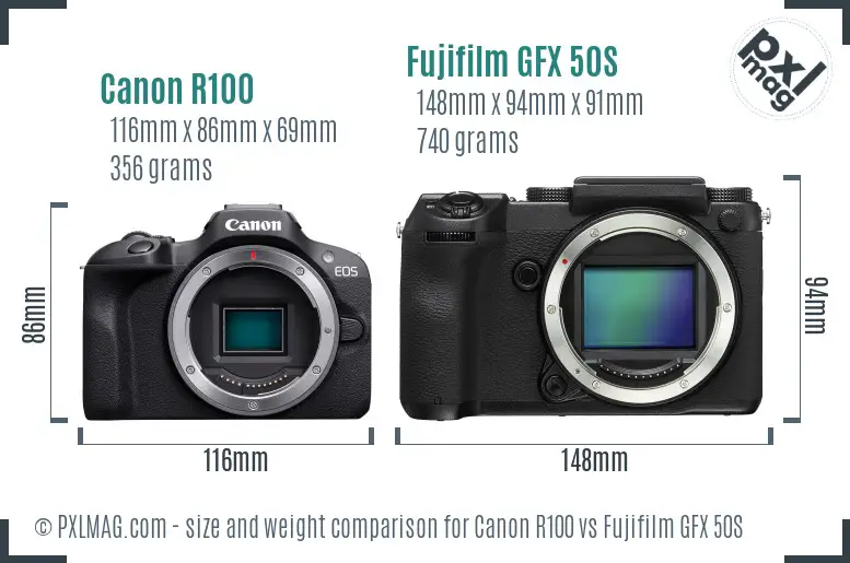 Canon R100 vs Fujifilm GFX 50S size comparison
